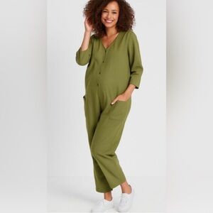 The Nines By Hatch Button Down Maternity Jumpsuit 3/4 Sleeves Olive Green Size L